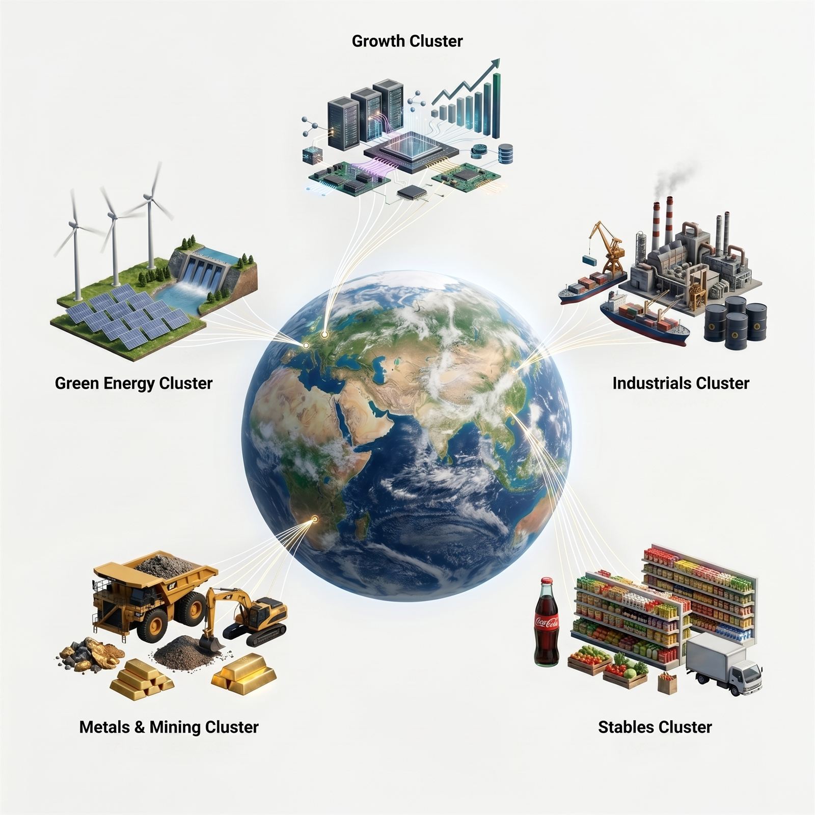 The investable universe mapped into thematic clusters: Growth, Green Energy, Industrials, Metals & Mining, and Stables.